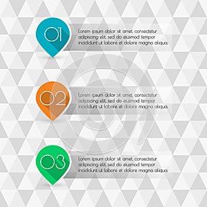 Pointers or map markers with numbers and space for text. Colorful number bullet points set. Menu interface with 3 steps, levels
